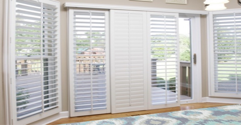 [Polywood|Plantation|Interior ]211] shutters on a sliding glass door in Philadelphia